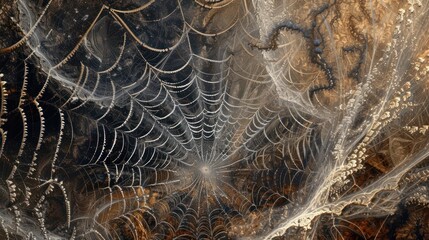 Wall Mural - a close up of a spider web with water droplets on the spider's web in the center of the web.