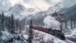 a train on a train track in the mountains with snow on the ground and trees on the side of the track.