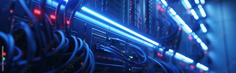 Server room switchboard wall with cables glowing neon blue in dark ...