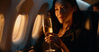 Lifestyle portrait of attractive wealthy asian woman passenger seated in first class on airplane and drinking glass of champagne on flight