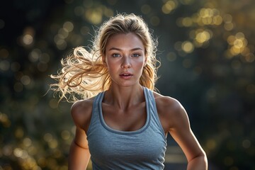 Poster - Woman jogging in the morning, runner on a run. Background with selective focus and copy space