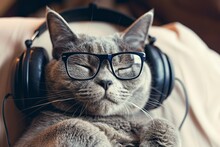 Cool Cat Wearing Headphones. Backdrop With Selective Focus And Copy Space