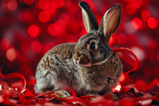 Cute bunny for advertising. Backdrop with selective focus and copy space