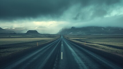 Wall Mural - a long stretch of road in the middle of a field with a mountain in the distance under a cloudy sky.