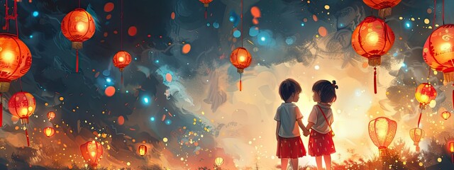 Wall Mural - New Year cards, lanterns, firecrackers, children, master illustrations, simple, blank space 