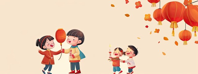 Wall Mural - New Year cards, lanterns, firecrackers, children, master illustrations, simple, blank space 