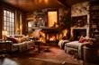 : A cozy fireplace nook with crackling flames casting a warm glow across a living room, where friends gather for intimate conversations and laughter. -- 3:2 --v4