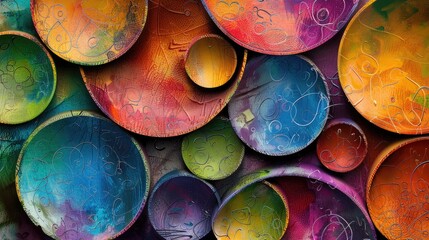 Poster - Art wallpaper on canvas. Vibrant mixed media composition with overlapping circular shapes and textures in a rainbow of colors