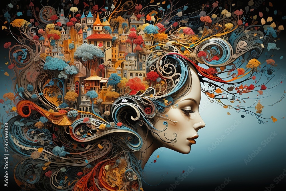 Abstract composition depicting a woman with a fancy hairstyle and ...