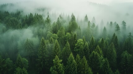 Fog covered trees in wild forest. AI generated.