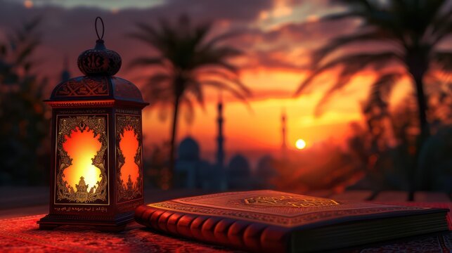 An ornate lantern and a Quran placed against a backdrop of a sunset with palm trees and a mosque silhouette
