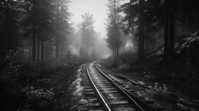 A Black And White Photo Of A Train Track In The Middle Of A Forest With Trees On Both Sides Of The Tracks.