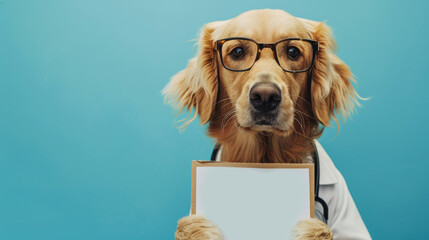 Wall Mural - Golden retriever dog in glasses dressed as a vet doctor, holding a blank sign mock-up with space for text on blue background, template for veterinary clinic messages about pet health.