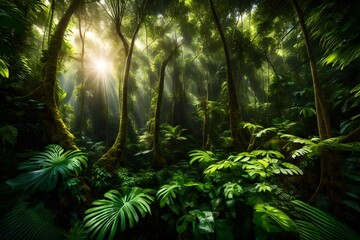  A lush, tropical rainforest with sunlight filtering through the dense canopy.
