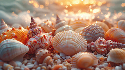 Wall Mural - close-up of colorful seashells on a sandy beach, glowing under a golden sunset with ocean waves in t