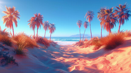 Wall Mural - golden sand dunes and towering neon palm trees along the beach