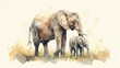 a watercolor painting of a mother and baby elephant standing in a grassy area with a baby elephant in the foreground.
