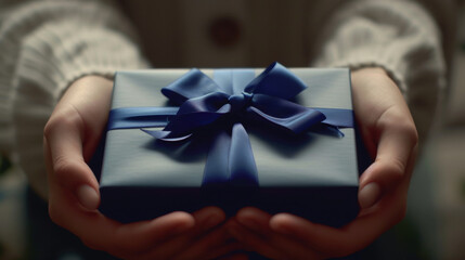 Poster - hands in the process of exchanging a gift wrapped in brown paper and adorned with a bright blue ribbon.