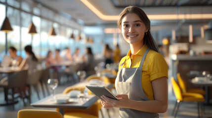 Sticker - A young woman in a yellow shirt and apron is holding a tablet, standing in a restaurant with seating and customers in the background.