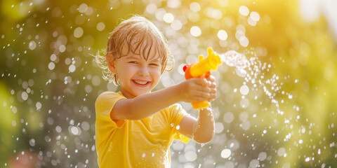 Wall Mural - Happy child playing with water gun on hot summer day. Cheerful child having fun with water toys. Leisure for young children in summer.
