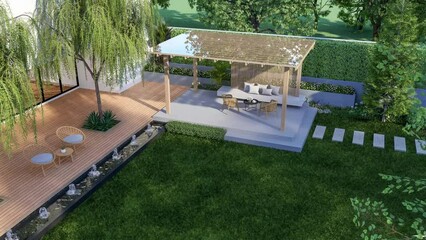 Wall Mural - Animation of top view modern contemporary style green garden with wooden terrace and glass roof pavilion 3d render, there are empty green lawn decorated with black tiled pond with fountain.