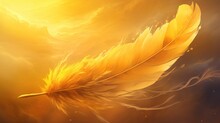 A Digital Painting Of A Yellow Feather Floating In The Air With The Sun Shining Through The Clouds In The Background.