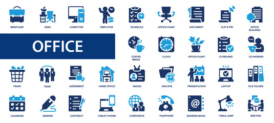 Office flat icons set. Workplace, desk, coworking, employee, computer, icons and more signs. Flat icon collection.