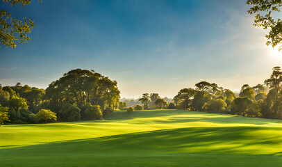 Wall Mural - wide lawn trimmed with precision under a blue sunny sky