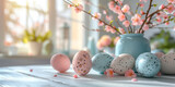 Fototapeta  - Pastel Easter eggs adorned with spring blossoms on a bright windowsill setting.