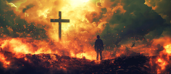Wall Mural - Man in worship in front of the cross in the dramatic cloudy sky with fire.