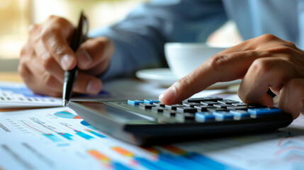 Canvas Print - A close-up view of hands using a calculator and pen to work on financial charts and data reports on a desk.