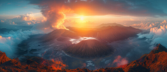 Wall Mural - Panorama of Sunrise at volcano Bromo, Java island, Indonesia. Panoramic aerial view,generative ai