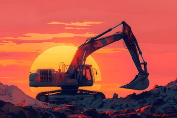 Excavator in open pit mining Excavator on earthmoving on sunset Loader on excavation Earth Moving Heavy Equipment Earth mover ar construction site Backhoe Loader on Road construction. Creative Banner