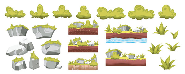 Poster - Grass and rocks mega set in cartoon graphic design. Bundle elements of green bushes, grey stones with moss, plant leaves, ground asset layers for game interface. Vector illustration isolated objects
