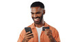 Happy man, phone and credit card with banking app for online shopping or payment on a transparent PNG background. Excited male person with smile on mobile smartphone for ecommerce or transaction
