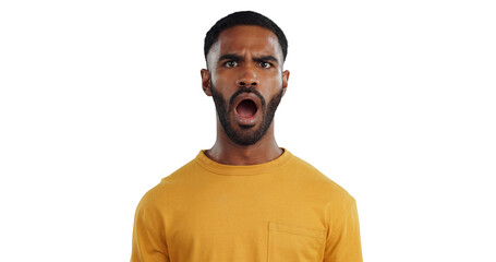 Wall Mural - Shock, surprise and portrait of black man with gossip, news and information on transparent background. PNG, isolated and face of person with omg, wtf and emoji facial expression for announcement