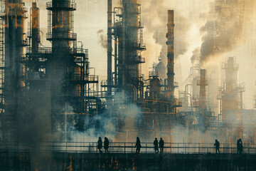 Wall Mural - group of oil refineries in the middle of a city. The refineries are polluting the air, and there are people wearing masks in the background