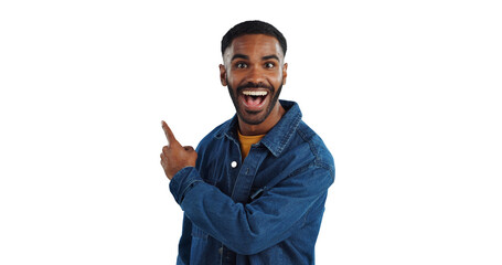 Wall Mural - Happy man, portrait and pointing with surprise for advertising or marketing on a transparent PNG background. Excited, smile or young male person showing notification, deal or alert for amazing offer