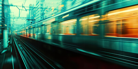 Sticker - railway train blurred motion perspective, speed and dynamics of big city, urban traffic concept