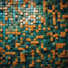 Wall Mural - abstract square background _A mosaic tile texture with orange, green, and blue colors and a shower element 