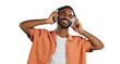 © Khushboo Sumeet/peopleimages.com - Isolated African man, headphones and smile to listen to music with streaming by transparent png background. Person, audio and happy with sound tech for hearing, radio or subscription with eyes closed
