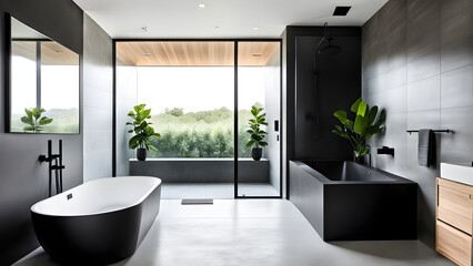 Bathroom interior design with matte black bath and modern shower Generative Ai
