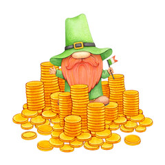 St. Patricks Day leprechaun with Irish flag in mountain gold coins. Hand drawn watercolor and colored pencil illustration.