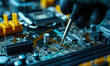 technician with tester repair or check computer motherboard or digital chip, man with screwdriver or soldering iron service electronic hardware