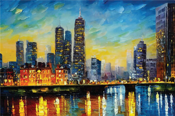 Wall Mural - Oil paintings city landscape.  Beautiful city skyline view oil painting. Skyline city view. city landscape painting, background of paint. City landscape with beautiful buildings, roads, and lights.