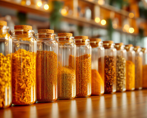 Wall Mural - Assorted Dry Ingredients in Jars, Healthy Cooking and Dietary Concept, Kitchen Pantry Organization