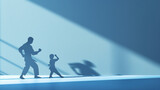 Dynamic Karate Practice: Realistic Silhouettes of Man and Kid in Martial Arts Training Against Cool Blue Background