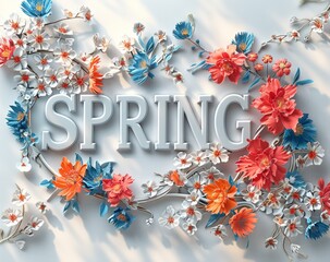 Wall Mural - colorful flowers background with the word spring Generative AI