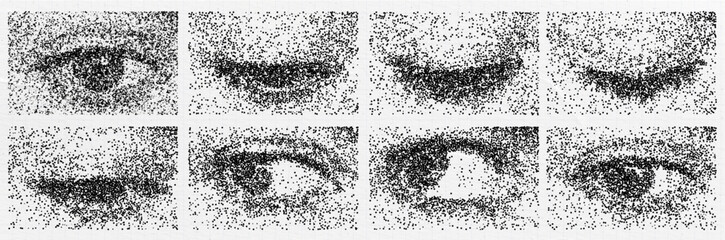 Sticker - A pack of rainbow eyes cut out as if from a magazine. An isolated look. Vector stipple grunge grain elements for collage with different emotions. Frame to frame animation .