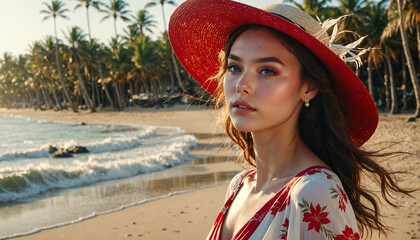 A sunny beach scene featuring a smiling woman wearing a straw hat, radiating beauty and happiness amidst nature's backdrop